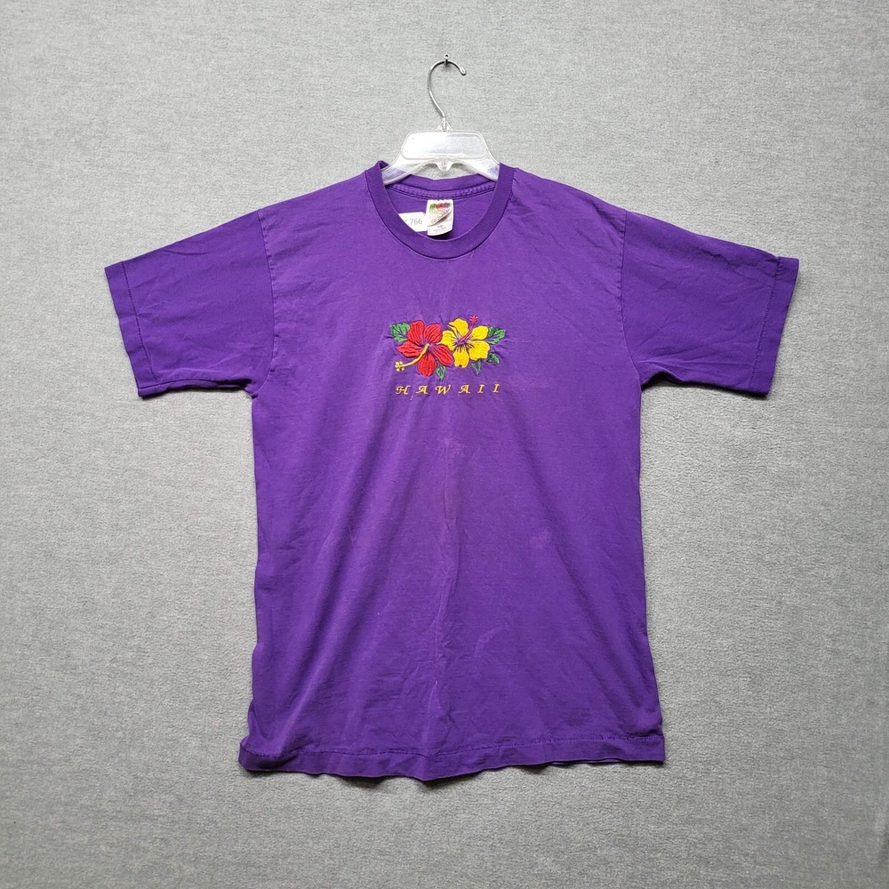 VINTAGE Hawaii Men T-Shirt Large Purple Floral Graphic Embroidered Tee READ